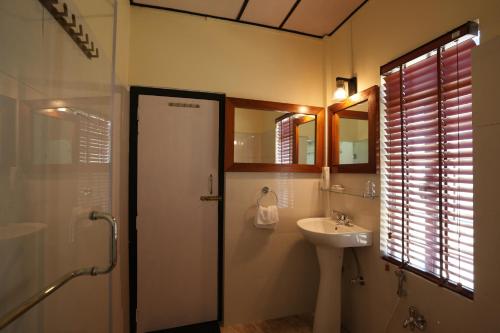 a bathroom with a sink and a toilet and a mirror at Ri Sai Cottage Stays in Nongpoh