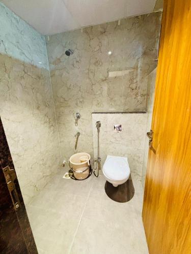 a bathroom with a toilet and a shower at Hotel Nirmal's Executive in Pune