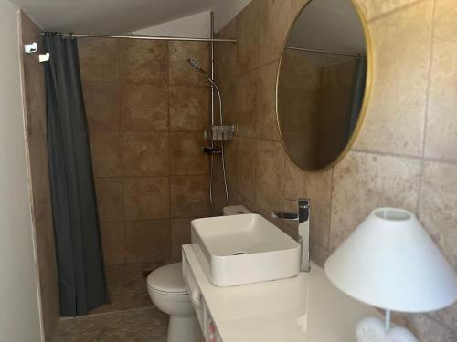 a bathroom with a sink and a mirror and a toilet at Casetta Teppe rosse in Aléria