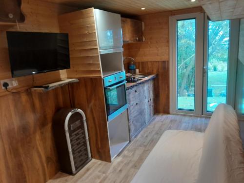 a kitchen with a stove and a tv in a room at Sleep-in Beauty in Thakeham