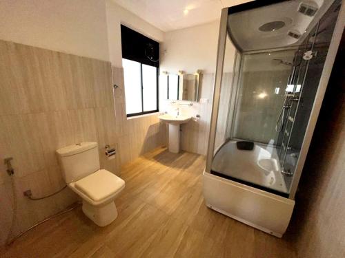 a bathroom with a shower and a toilet and a sink at Hotel Sky Gate kandy in Kandy