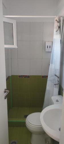 a bathroom with a toilet and a shower and a sink at Filina's Studio Corner in Maltezana