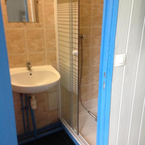 a bathroom with a sink and a shower at Hôtel Cyrano Voltaire in Paris