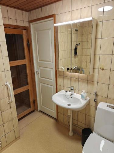 a bathroom with a sink and a mirror and a toilet at Kaupunkikoti omalla saunalla sekä lähellä juna-asemaa, 100M Wifi in Järvenpää