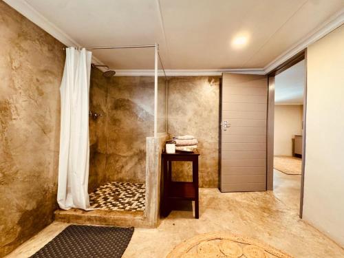 un bagno con doccia con tenda da doccia di The Grove a Potchefstroom