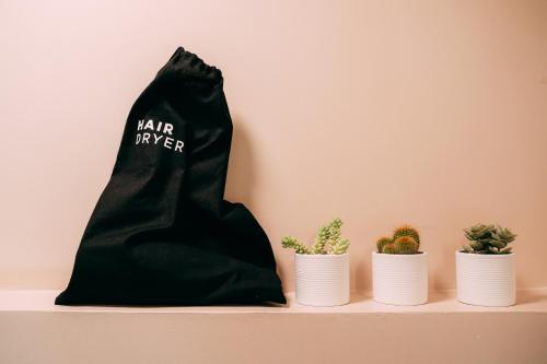 a black bag sitting on a shelf with three potted plants at Borgo di Lazise in Lazise