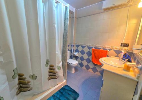 a bathroom with a shower and a sink and a toilet at Areatza Home Mountain in Santiago de la Espada