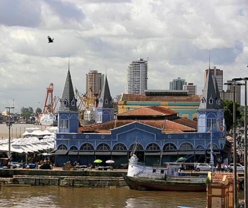 a large blue building with a bird flying over the water at Cantinho Amazônico in Belém