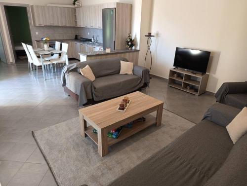 a living room with a couch and a coffee table at Konitsa Escape Apartment in Konitsa