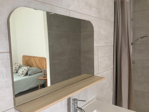 a mirror in a bathroom with a sink and a bed at O kAZ de Petite île in Petite Île