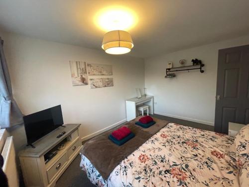 a bedroom with a bed and a dresser with a television at Light and airy cosy bungalow in Draycott