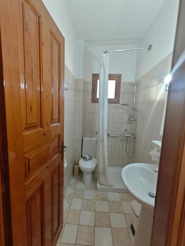 a bathroom with a toilet and a sink and a shower at Avlonitis Rooms in Parga