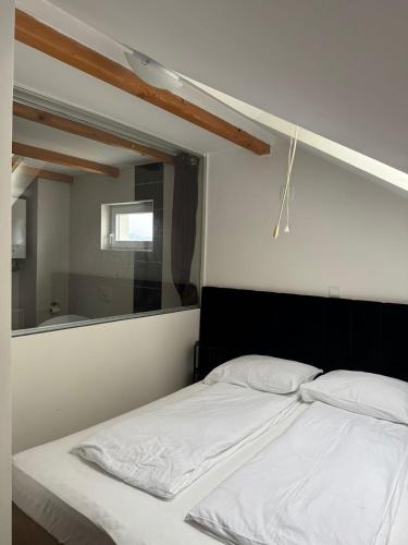 a bed in a bedroom with a large mirror at Apartman Lapaž 12 in Toplice Sveti Martin