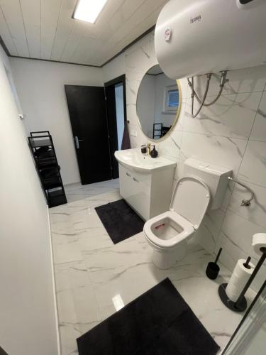 a bathroom with a toilet and a sink and a mirror at Second home apartment - gold in Kustići