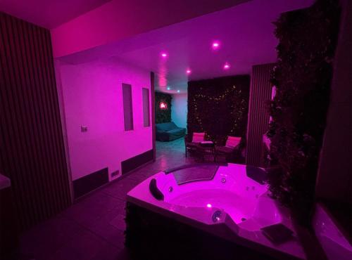 a purple room with a jacuzzi tub in a bathroom at Paris Rosny 2 - Appartement Love Room with Jacuzzi in Rosny-sous-Bois