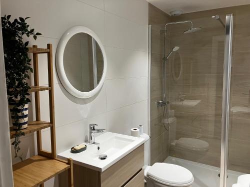 a bathroom with a sink and a toilet and a mirror at GÎTE GUIROYA in Saint-Jean-le-Vieux