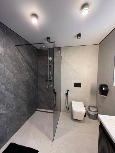 a bathroom with a shower and a toilet at Майя VIP in Mykulychyn