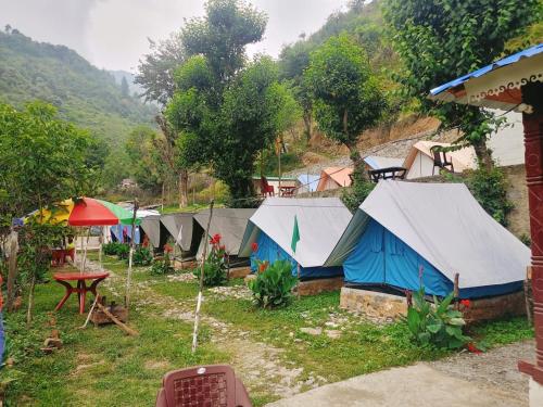 a group of tents in a field with a mountain at Kinara Camping in Kailāna