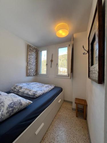 a bedroom with a bed and two windows at L'appart de Serre Che in La Salle-les-Alpes