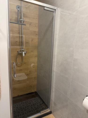 a shower with a glass door in a bathroom at MW 4A Apartament in Rzeszów