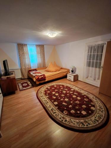 a bedroom with a bed and a rug on the floor at Casa Bucovina Dorna Candrenilor in Ascuţitele