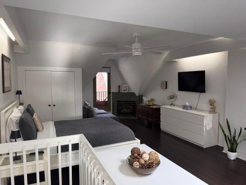 a bedroom with a bed and a flat screen tv at Bright, Private, Peaceful Suite with Retail Conveniences Steps Away in Toronto