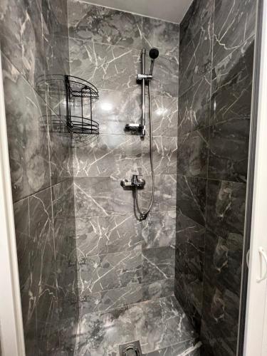 a bathroom with a shower with a stone wall at Apartman Luka in Cetinje
