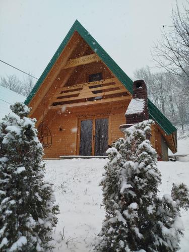 a log cabin in the snow with a green roof at Vasin konak in Vlasenica