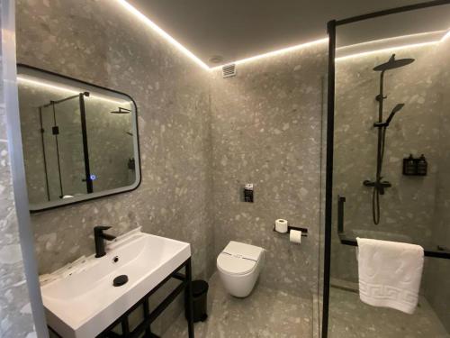 a bathroom with a sink and a toilet and a mirror at Готель Поляницький in Bukovel