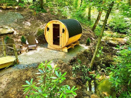 a wooden cabin in the middle of a forest at Ma & Pa's cabin at Cabin Fever in NC in Saluda