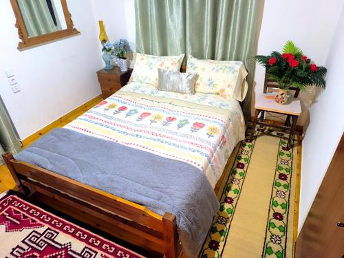 a bedroom with a bed and a table with a plant at xanthi's sea front villas in Flámbouras