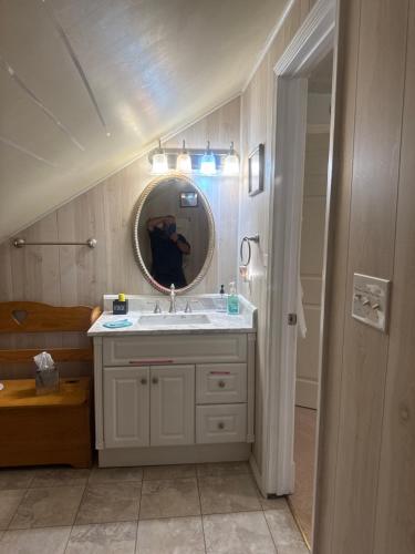 a bathroom with a sink and a mirror at serenity hill in Brownsville