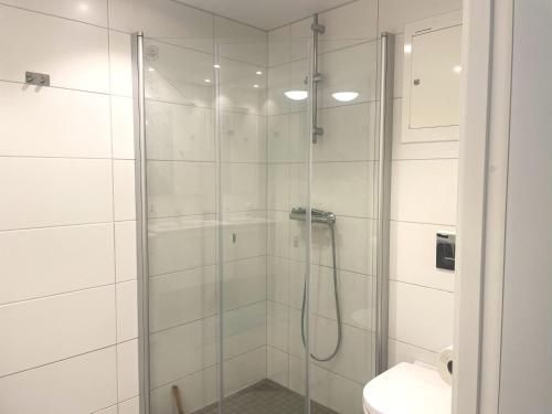 un bagno con doccia e WC di Modern brand new apartment a Kongsberg