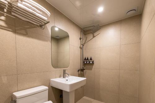 a bathroom with a sink and a toilet and a mirror at Vinetree Boutique Hotel in Seoul