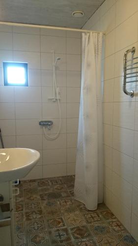 a bathroom with a shower and a sink at Branteviks Viste in Brantevik
