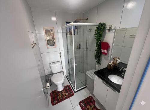 a bathroom with a shower and a toilet and a sink at Quarto lovina e fest verão in Cabedelo
