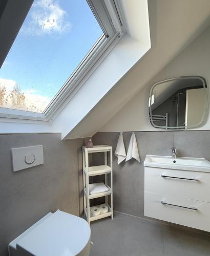 un bagno con un water, un lavandino e una finestra di Helles & Modernes Apartment in Heilbronn a Heilbronn