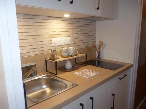 een keuken met een spoelbak en een aanrecht bij Au gré des marées, 2 chambres in Hanvec