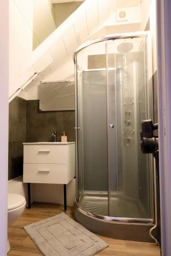 une salle de bain avec une douche avec des toilettes et un lavabo dans l'établissement Studio tropical, au Puy-en-Velay