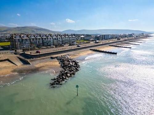 a group of birds standing in the water on a beach at Y Mor Cosy Apartment in Tywyn