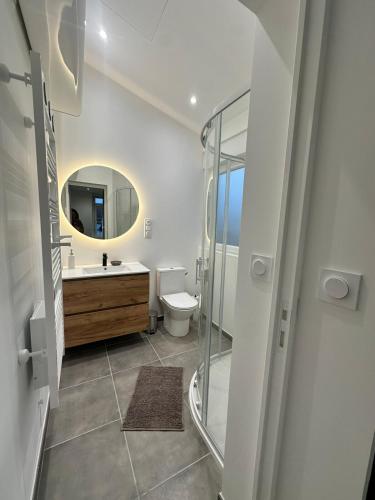 a bathroom with a toilet and a sink and a mirror at Maison de ville a Berck in Berck-sur-Mer
