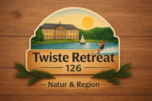 a wooden sign for a house with a man on a surfboard at Twiste Retreat 126 in Bad Arolsen