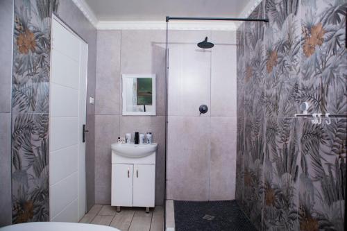 a bathroom with a shower and a sink and a toilet at Noble Hearts Bed & Breakfast in Maseru