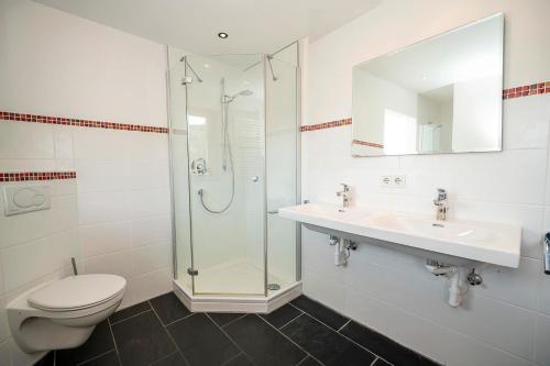 a bathroom with a shower and a toilet and a sink at Mazot Ferienhaus Kleinwalsertal in Riezlern