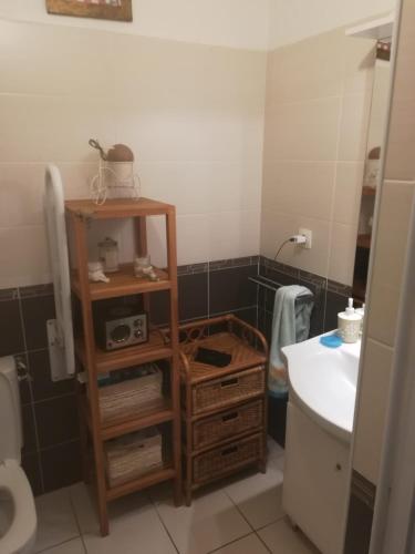 a bathroom with a wooden shelf and a sink at Residencia Odyssee in Vieux-Boucau-les-Bains