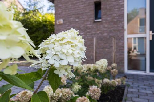 a white flower in front of a brick building at 6 - Persoons Forest 67 Bungalow in Ewijk
