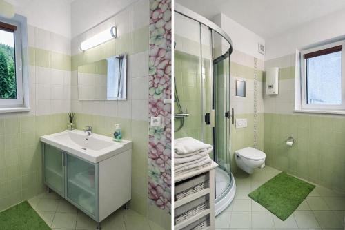 een badkamer met wastafel, douche en toilet bij Donovaly Apartman Galileo in Donovaly