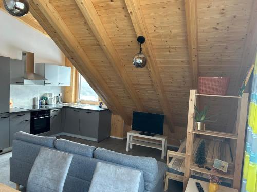 een woonkamer met een blauwe bank en een keuken bij Holzliebe mit Donaublick in Kaisheim
