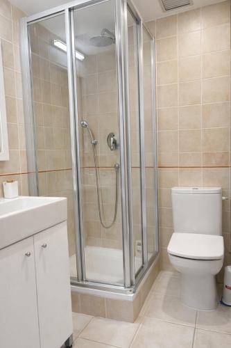 a bathroom with a shower with a toilet and a sink at Apartamento Califato 5 in Mojácar
