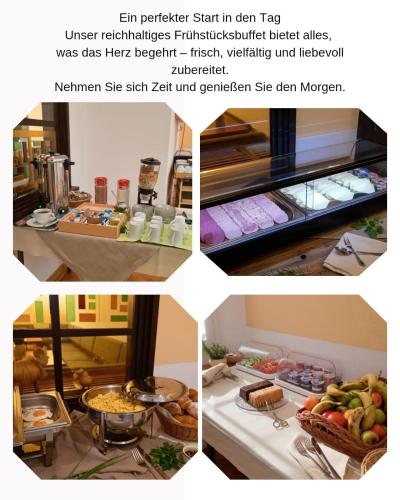 a collage of pictures of a kitchen with food at Hotel Appartementanlage Hermannshöhle in Elbingerode